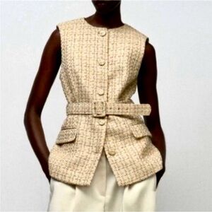 Zara wool blend metallic tweed belted button down vest blazer sz.XS